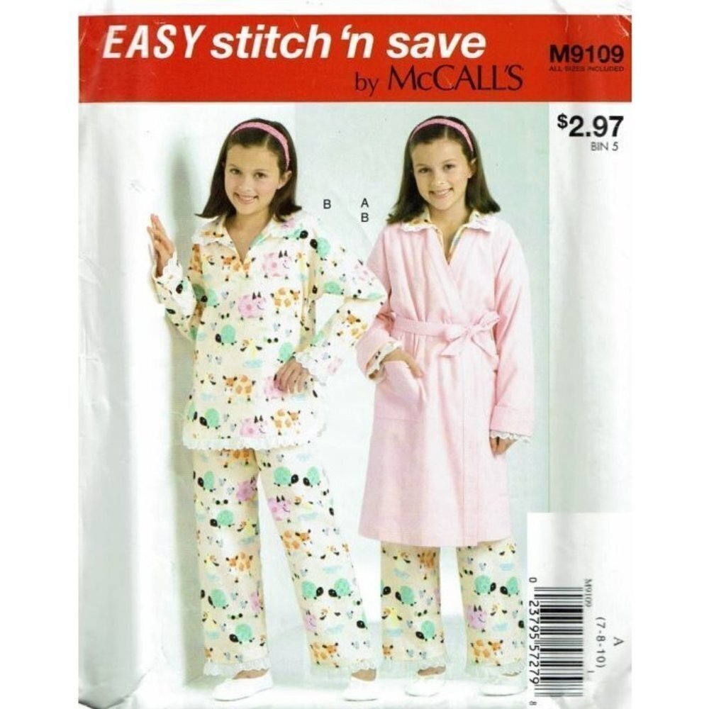 McCalls Sewing Pattern 9109 Pajamas Sleepwear Robe‎ Girls Size 7-10